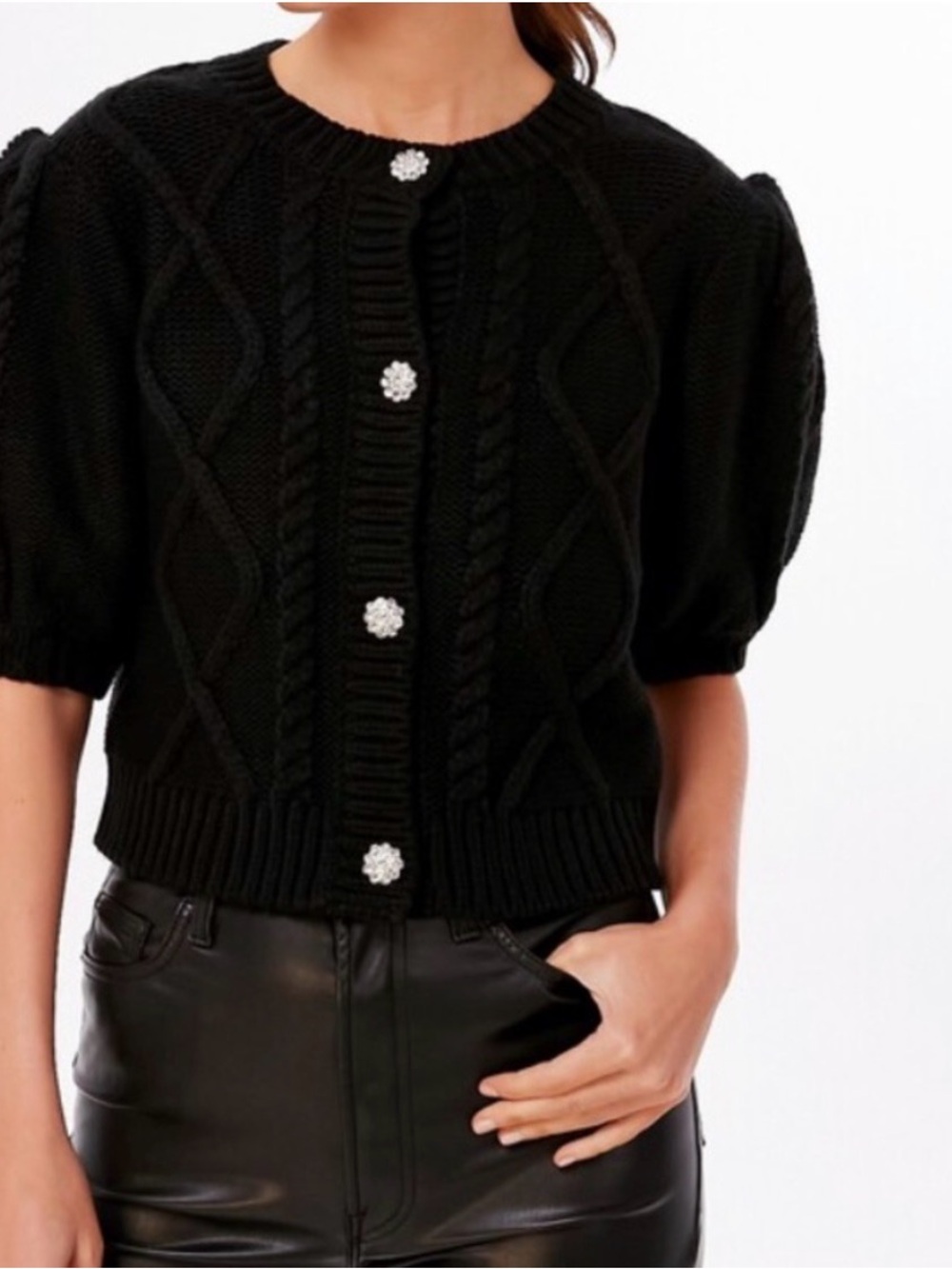 Tuckernuck Black Cable-Knit Short-Sleeve Victoria Cardigan Rhinestone Buttons